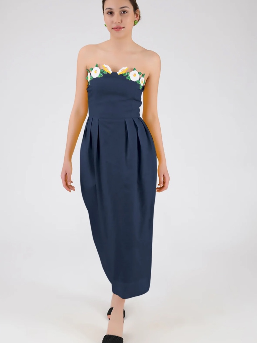 FANM MON Lorr Dress Navy Floral Embroidered Strapless Midi Dress Size M - Picture 1 of 4